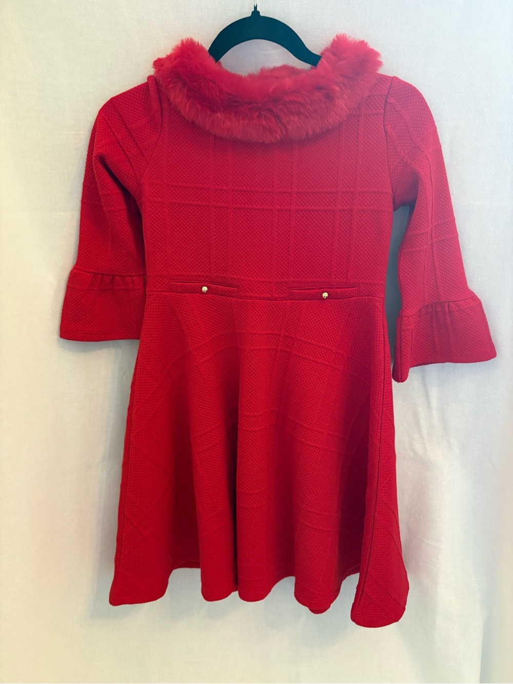 Janie and Jack Girls' Red quilted Faux-Fur Collar Flared Dress Sz 10